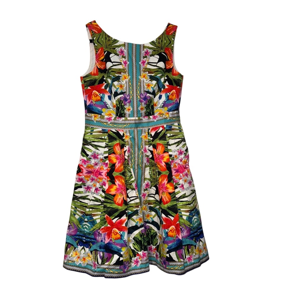 Maggy London Tropical Floral Fit & Flare Dress Womens 8 Multicolor Cotton Blend